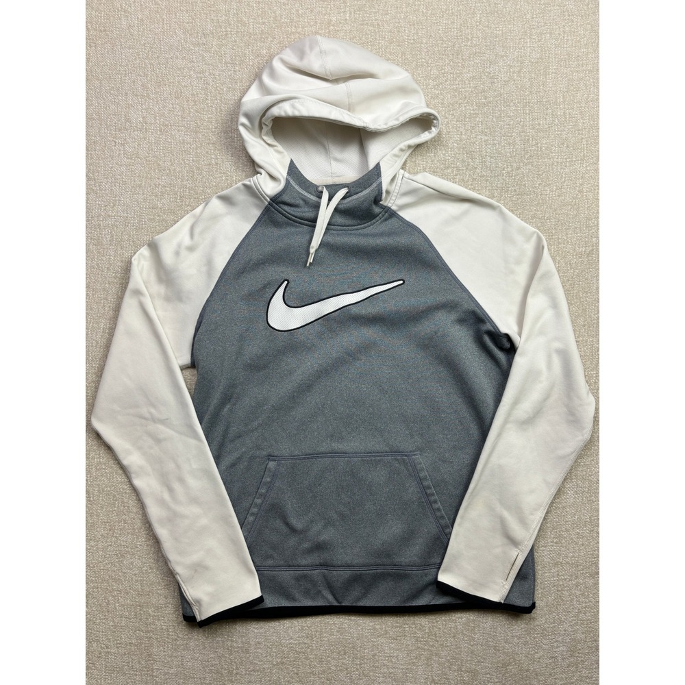 Nike Therma-FIT Womens Grey White Colorblock Raglan Swoosh Hoodie L